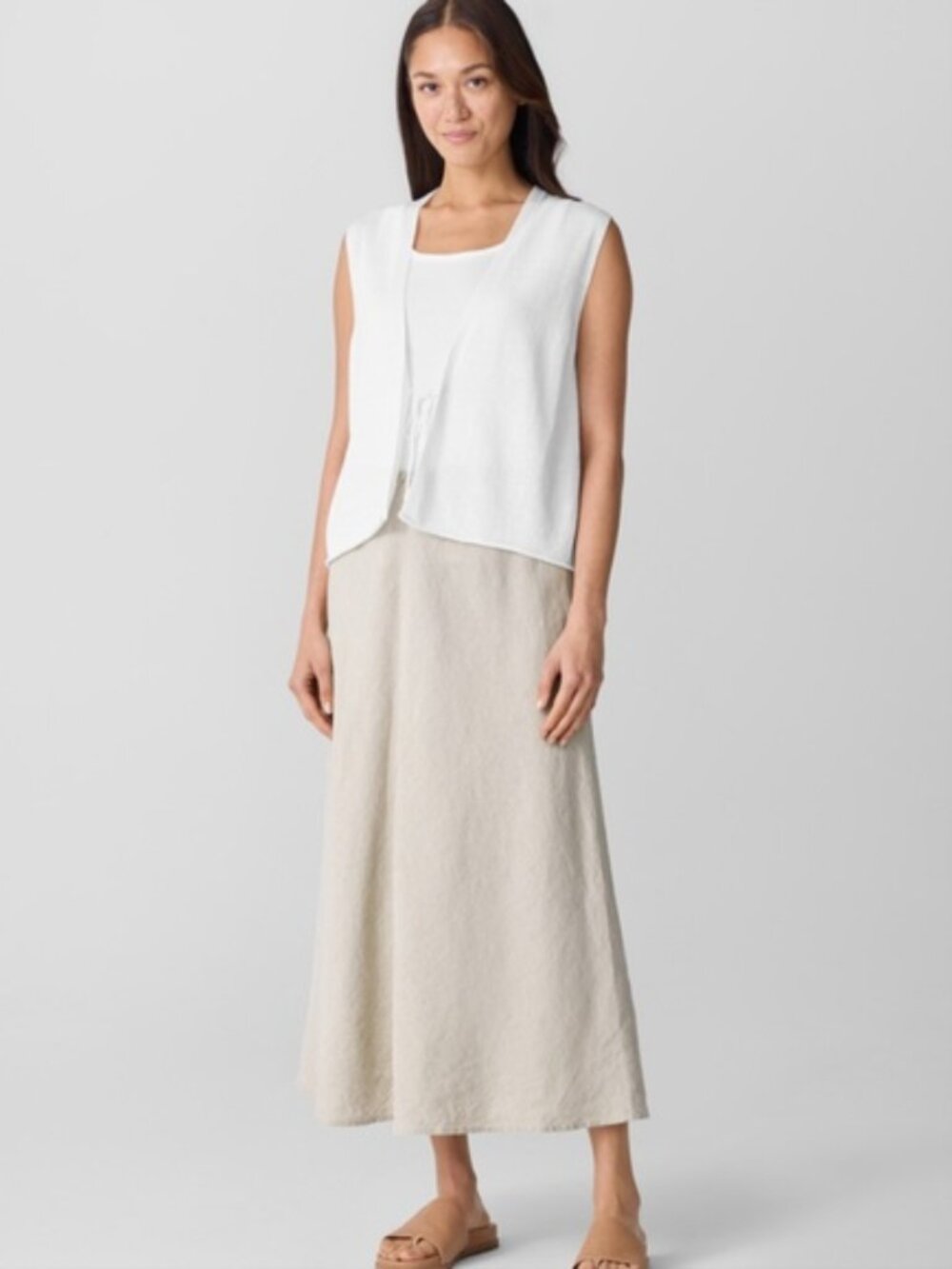 Eileen Fisher A Line Bias Cut Skirt Womens XXS Beige Khaki Tan 100%Organic Linen